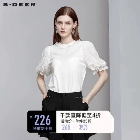sdeer圣迪奥泡泡袖T恤女复古蕾丝拼接白色上衣S22280172图片