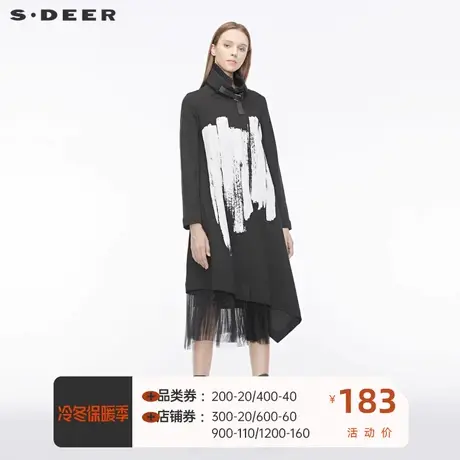 sdeer圣迪奥高领风衣涂鸦印花小众飘带拼接设计感高级S19381847图片