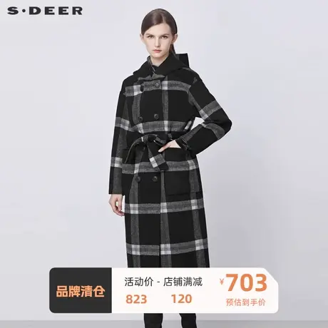 sdeer圣迪奥女装休闲连帽双排扣收腰格纹毛呢大衣S21481825图片