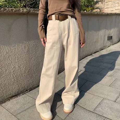 尔给休闲裤直筒显瘦春新款垂感高腰设计感宽松阔腿长裤宋正恩杏色商品大图