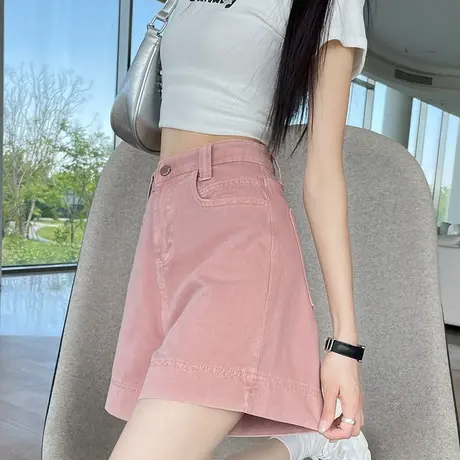 粉色阔腿牛仔短裤女2025夏季薄款高腰a字直筒显瘦大码胖MM热裤子商品大图