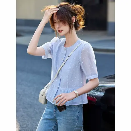 气质短袖衬衫2025年夏季新款女圆领知性温柔淑女短款小个子上衣商品大图
