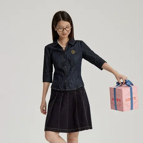 omont蛋挞家 复古牛仔衬衫女夏季小众别致设计感修身短袖衬衣商品大图