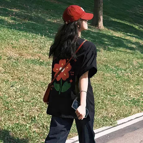 爆款夏季黑色正肩t恤短袖女2025新款纯棉宽松印花体恤小个子上衣商品大图