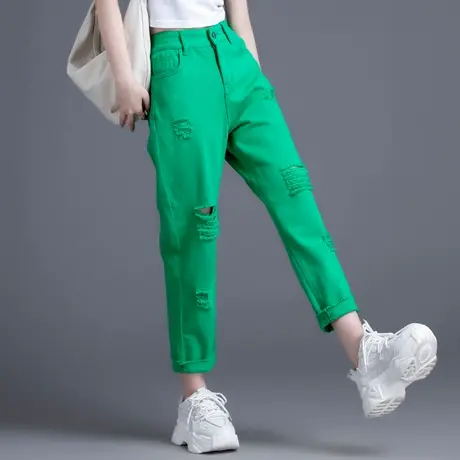 清仓绿色高腰牛仔裤女夏季薄款直筒裤九分哈伦裤小个子破洞老爹裤商品大图