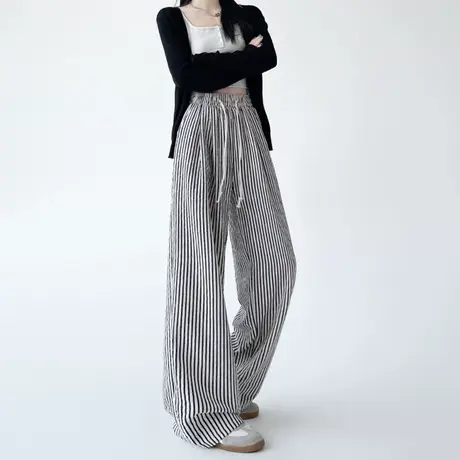 MJ STYLE慵懒风夏薄款宽松百搭黑白竖条纹抽绳垂感阔腿裤女休闲裤商品大图