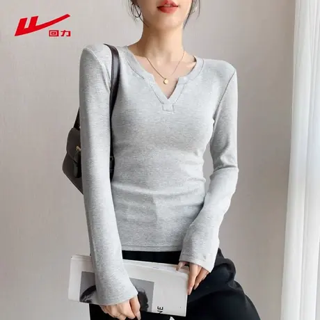 ZH回力v领长袖T恤女2025新款春夏季穿搭薄款收腰显瘦小个子上衣商品大图