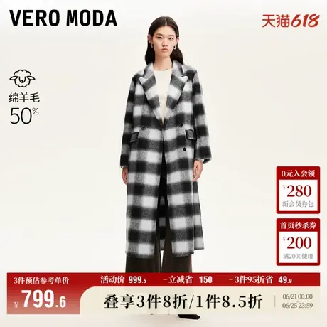 Vero Moda奥莱毛呢外套女秋冬新款黑白格纹英伦风复古大衣上衣商品大图