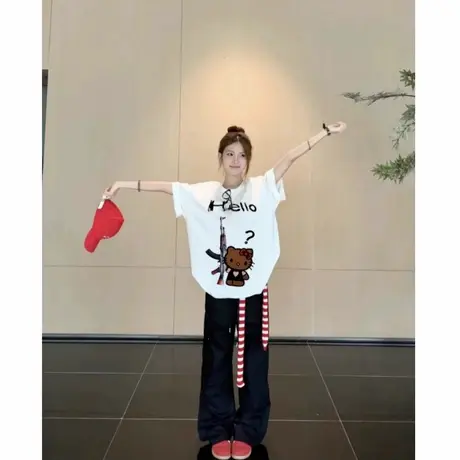 纯棉白色重磅HelloKitty印花短袖t恤女夏季宽松显瘦休闲大码上衣图片