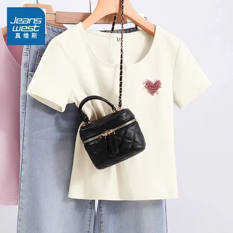 NOB 真维斯杏色u领开扣短袖t恤女2025新款夏季青少年休闲短款上衣商品大图