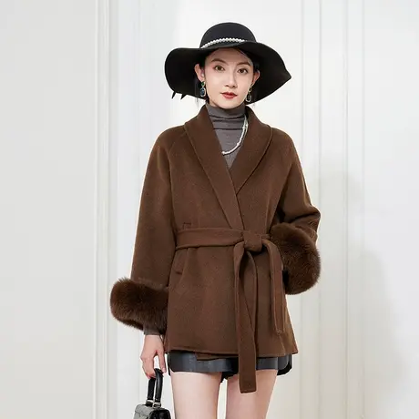 希区瑞普冬新品女黑色毛呢外套羊毛呢狐狸毛可拆卸短大衣系带图片