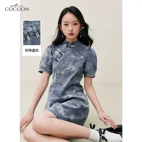 missCOCOON新中式改良旗袍连衣裙女2023夏装新款复古提花牛仔裙子商品大图