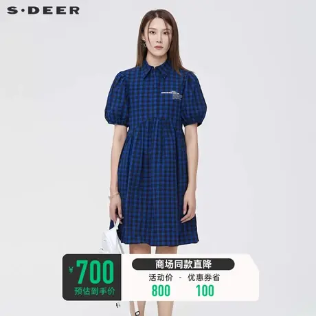 sdeer圣迪奥夏装短裙小众字母蓝色格纹拼接衬衫连衣裙女S22281224💲商品大图