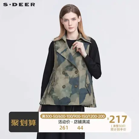 sdeer圣迪奥女装个性翻领双排扣抽褶无袖马甲S22181601🃏商品大图