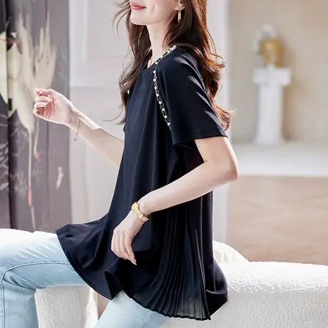 宝诗黎百褶钉珠拼接黑色短袖T恤2025夏季设计感简约洋气百搭上衣商品大图