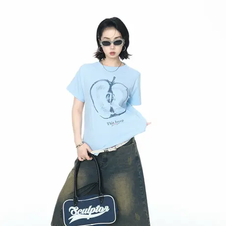 2025夏季新款短款正肩短袖T恤女美式辣妹风创意印花修身半袖上衣商品大图