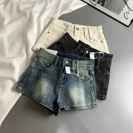 美式高街基础高腰牛仔短裤女春装新款小众百搭A字显瘦阔腿热裤潮商品大图