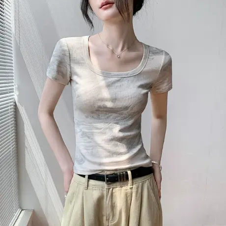 独特国风扎染正肩方领短袖T恤女2025夏季新款气质修身漂亮上衣女图片