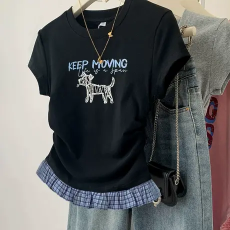 黑色印花格子花边短袖t恤女夏季夏2025新款设计感短款正肩小上衣商品大图