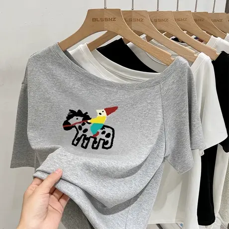 vintage美式纯欲独特露肩短袖t恤多巴胺小个子甜辣chic上衣女斜肩商品大图