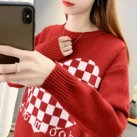 圆领加厚毛衣女秋冬新款韩版撞色提花爱心针织衫宽松内搭长袖打底商品大图
