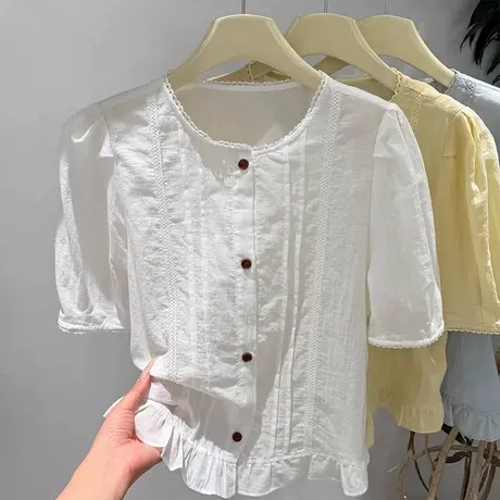 2025夏季新款韩版时尚圆领拼接花边短袖衬衫女宽松显瘦百搭上衣潮图片