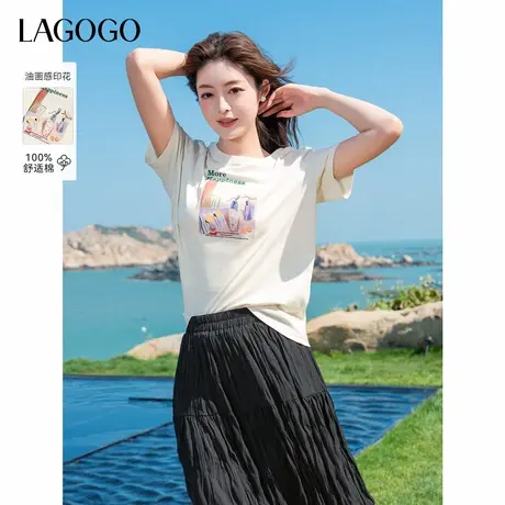 LAGOGO舒适纯棉印花T恤女拉谷谷2025年夏季新款淡人百搭圆领上衣图片