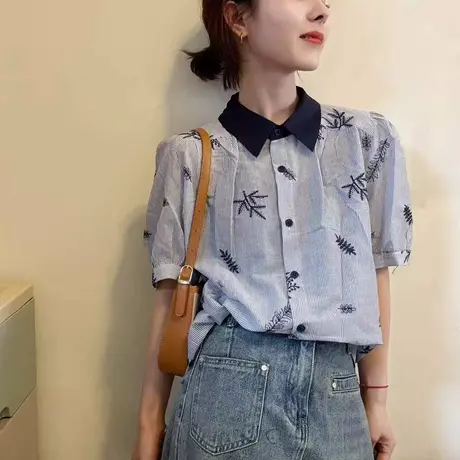 法式洋气减龄刺绣泡泡短袖衬衫女夏季宽松显瘦撞色POLO领条纹上衣商品大图