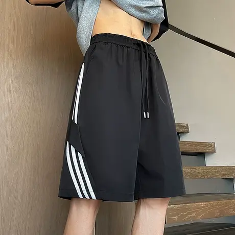 冰丝短裤男夏季2025新款运动休闲五分裤潮牌大码外穿条纹直筒裤子图片