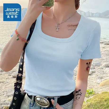 KMV真维斯蓝色方领短袖t恤女夏季新款正肩修身显瘦甜辣纯欲短上衣图片