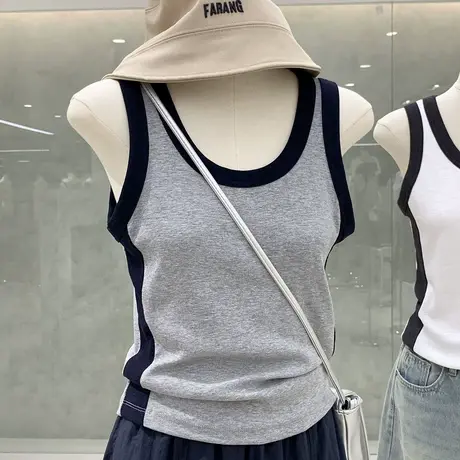 韩系ins风撞色设计感背心雪花螺纹棉修身显瘦遮副乳清凉无袖上衣商品大图