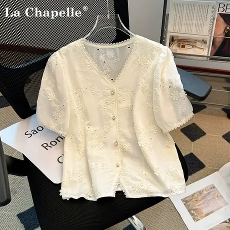 拉夏贝尔蕾丝花边拼接V领雪纺衬衫女2025夏季新款高级感镂空上衣图片