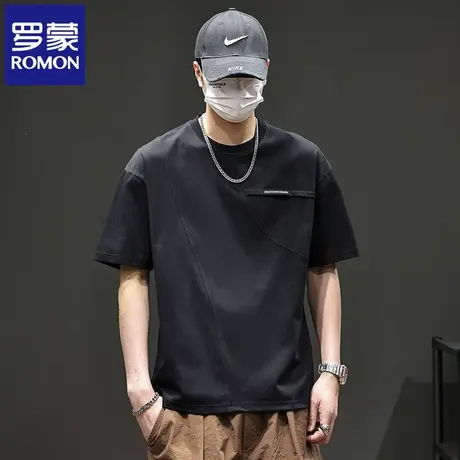 罗蒙纯色拼接男款短袖T恤冰氧薄款夏季宽松时尚高端外穿上衣潮N1Z图片