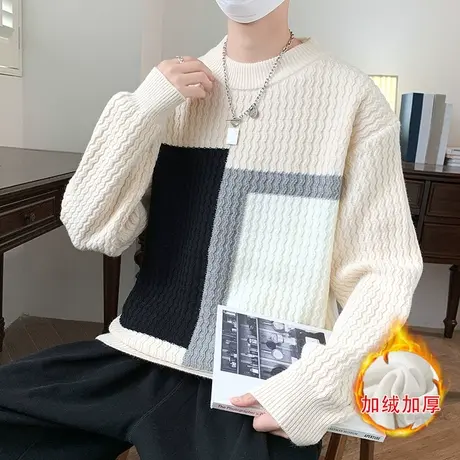 撞色圆领毛衣男秋冬季新款加厚保暖套头线衣青少年个性打底针织衫商品大图
