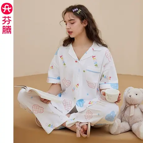 芬腾纯棉睡衣女夏季薄款短袖长裤卡通韩版少女休闲全棉家居服套装商品大图