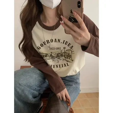 秋冬美式复古chic100%纯棉潮牌印花插肩长袖宽松学生打底上衣ins商品大图