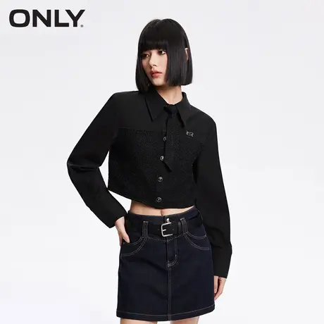 ONLY奥莱夏季拼接设计可拆卸领带翻领短款雪纺衫女图片