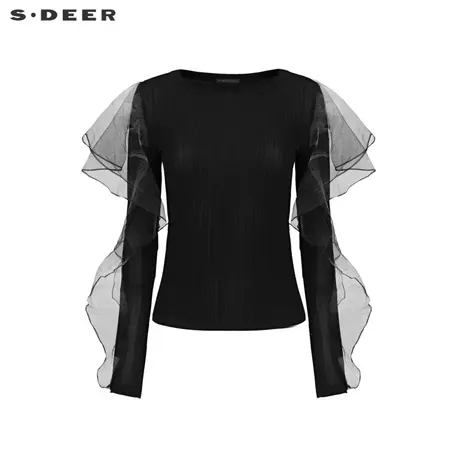 【直播秀】sdeer圣迪奥女装圆领网纱晕染肌理长袖T恤S24180204图片