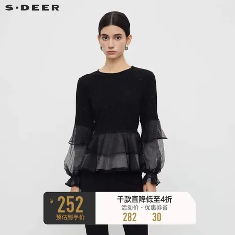 sdeer圣迪奥女装圆领荷叶边网纱拼接长袖T恤S233Z0204图片