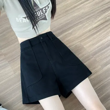 黑色牛仔短裤女夏季薄款高腰宽松a字显瘦百搭大口袋三分阔腿热裤商品大图