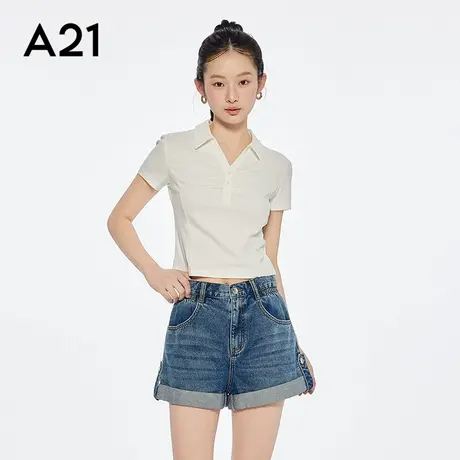 A21半开翻领薄款T恤简约修身显瘦套头短款上衣商品大图