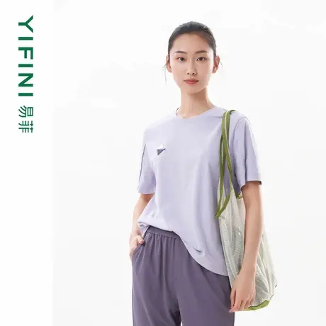 [专柜同款]Yifini/易菲圆领宽松短款T恤女夏装新款紫色上衣图片