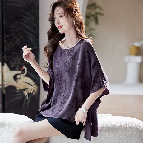 宝诗黎圆领蝙蝠袖宽松提花上衣2025夏季慵懒百搭气质休闲大码女装图片