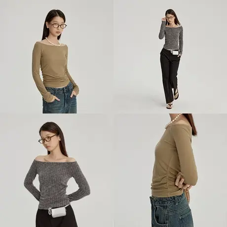 omont蛋挞家 复古一字肩长袖T恤夏季小众修身显瘦针织上衣商品大图