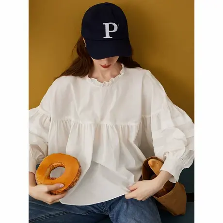 a02【100%棉】小众设计感灯笼袖花边女式衬衫2025春季纯色图片