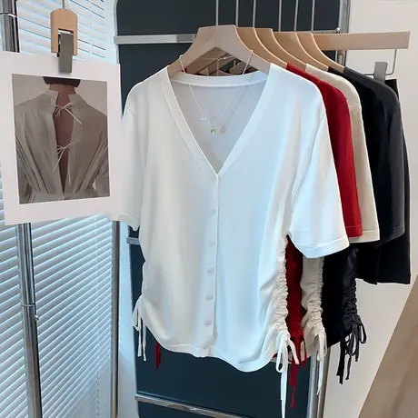 抽绳v领冰丝针织开衫女2025春夏新款内搭上衣洋气外穿短袖t恤衫潮商品大图