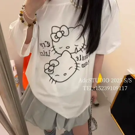 韩国东大门2025夏季新款减龄百搭显瘦卡通印花斜肩短袖T恤上衣女商品大图