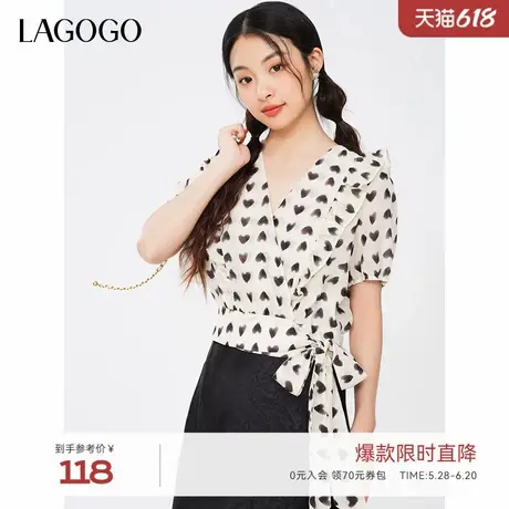 LAGOGO设计感雪纺衫女拉谷谷夏季新款荷叶边v领印花修身复古短袖商品大图