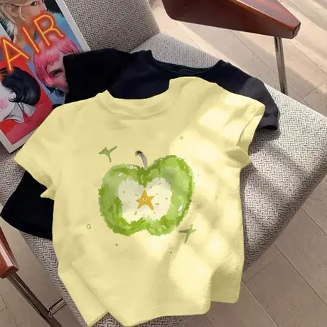 辣妹吸睛穿搭！2025新款嫩黄独特印花修身上衣女夏季正肩短袖t恤商品大图