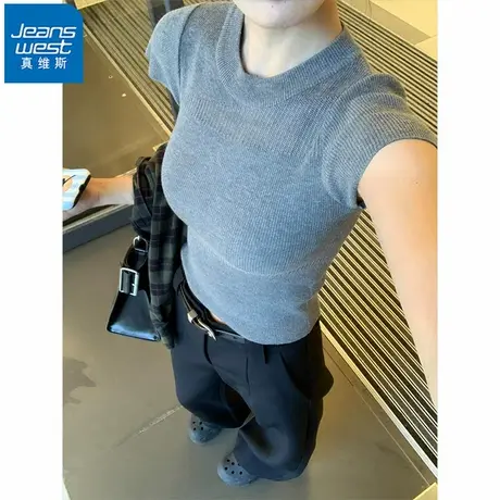 NR真维斯短款针织衫修身显瘦短袖t恤女夏季新款韩系简约百搭上衣图片